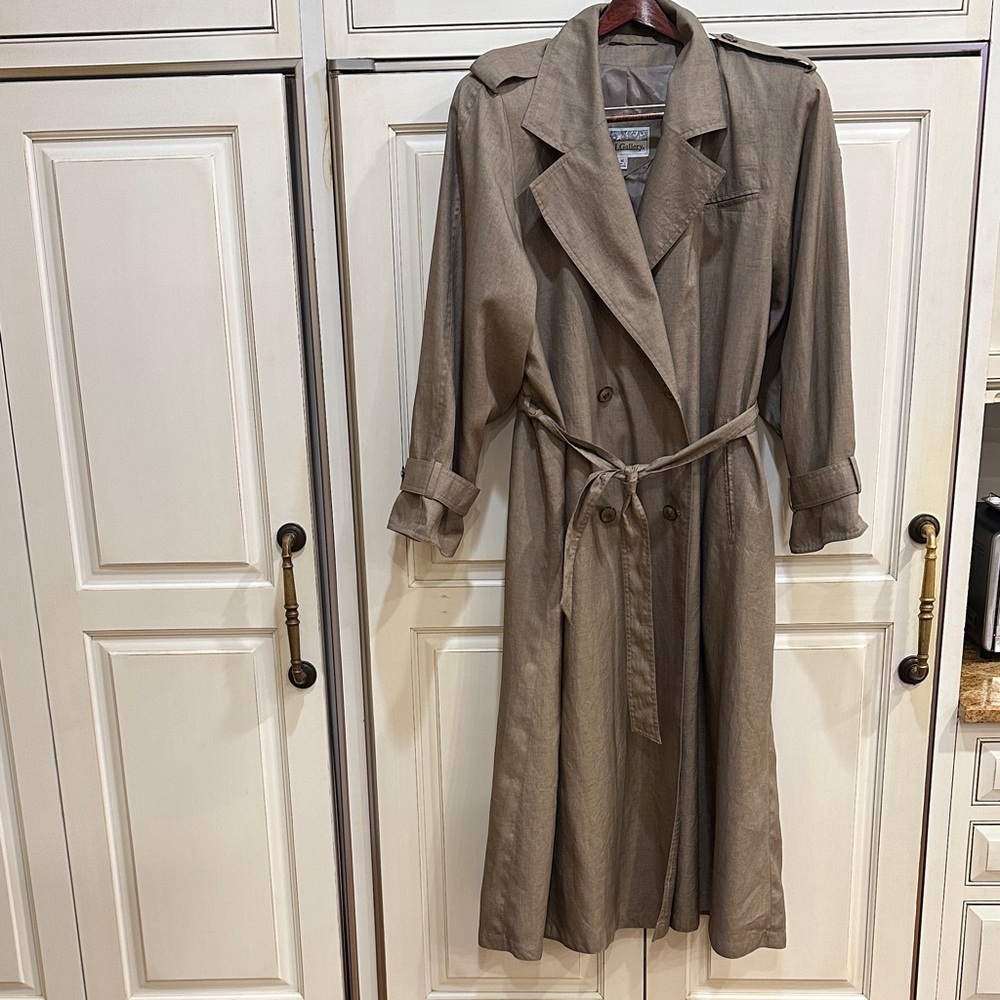 VINTAGE☔️J. GALLERY WOMENS SIZE 14 DARK TAN DOUBLE BREASTED LONG TRENCH COAT - Picture 1 of 11